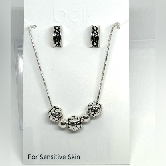BELK Silver Tone and Black Design Bead Necklace and Post Earrings - Picture 1 of 5